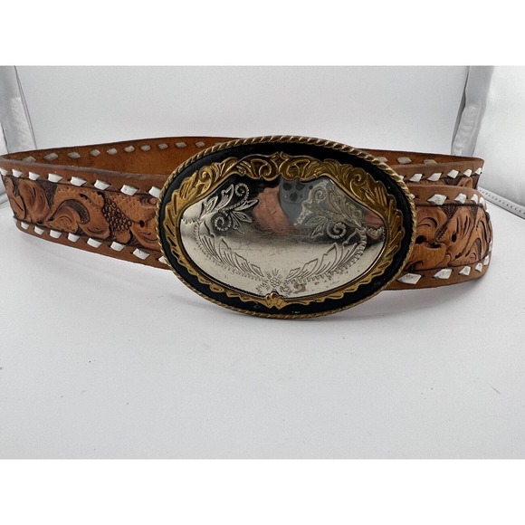 Vintage Sue Brown Leather Taper Cowboy Western Belt -‎ Waist Size 35.5" Silver - Picture 1 of 8